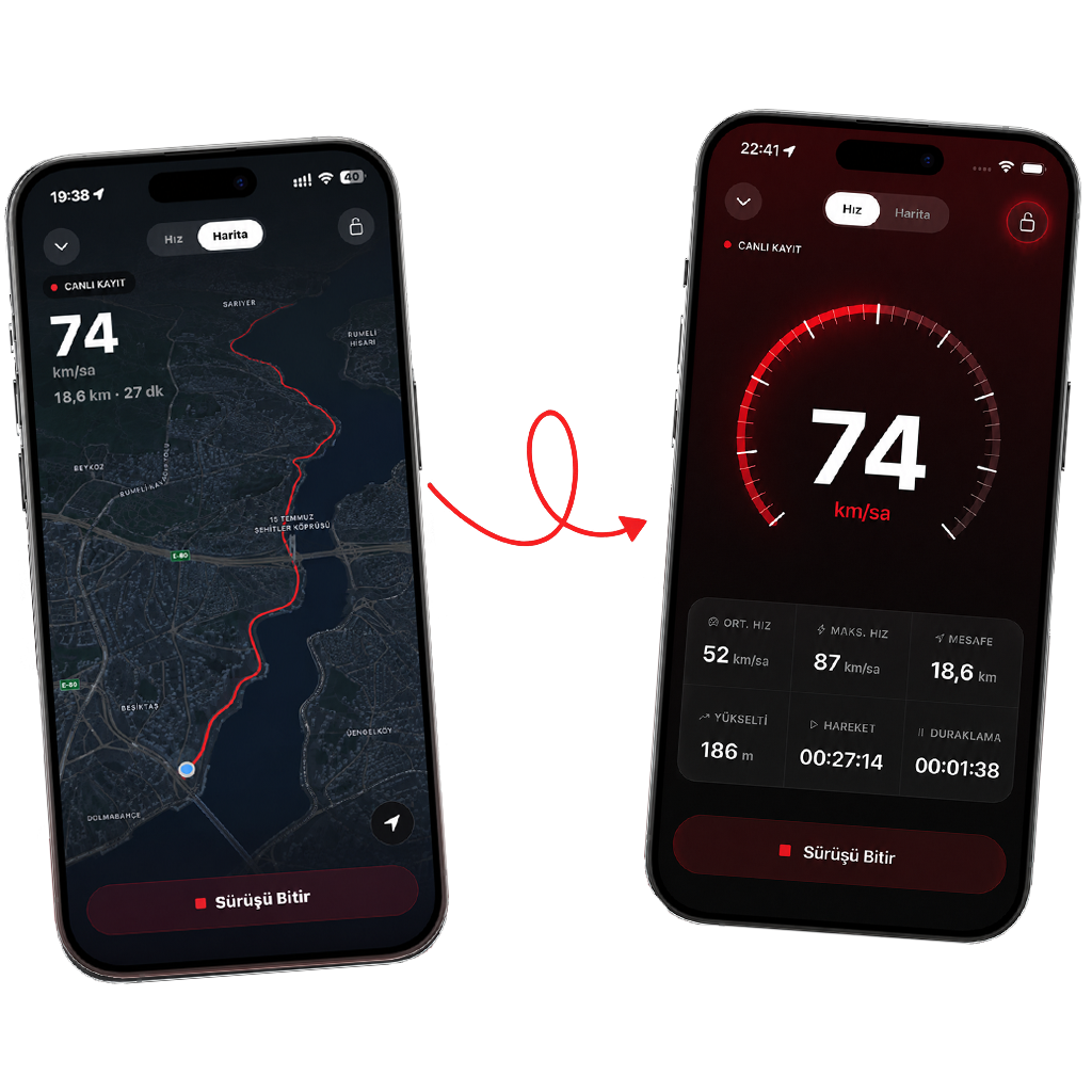 Rovia app — ride recording map and speed/stats screens